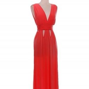 Long Maxi Dress Plunge Sleeveless Coral
